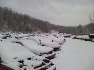 snow on junkyard